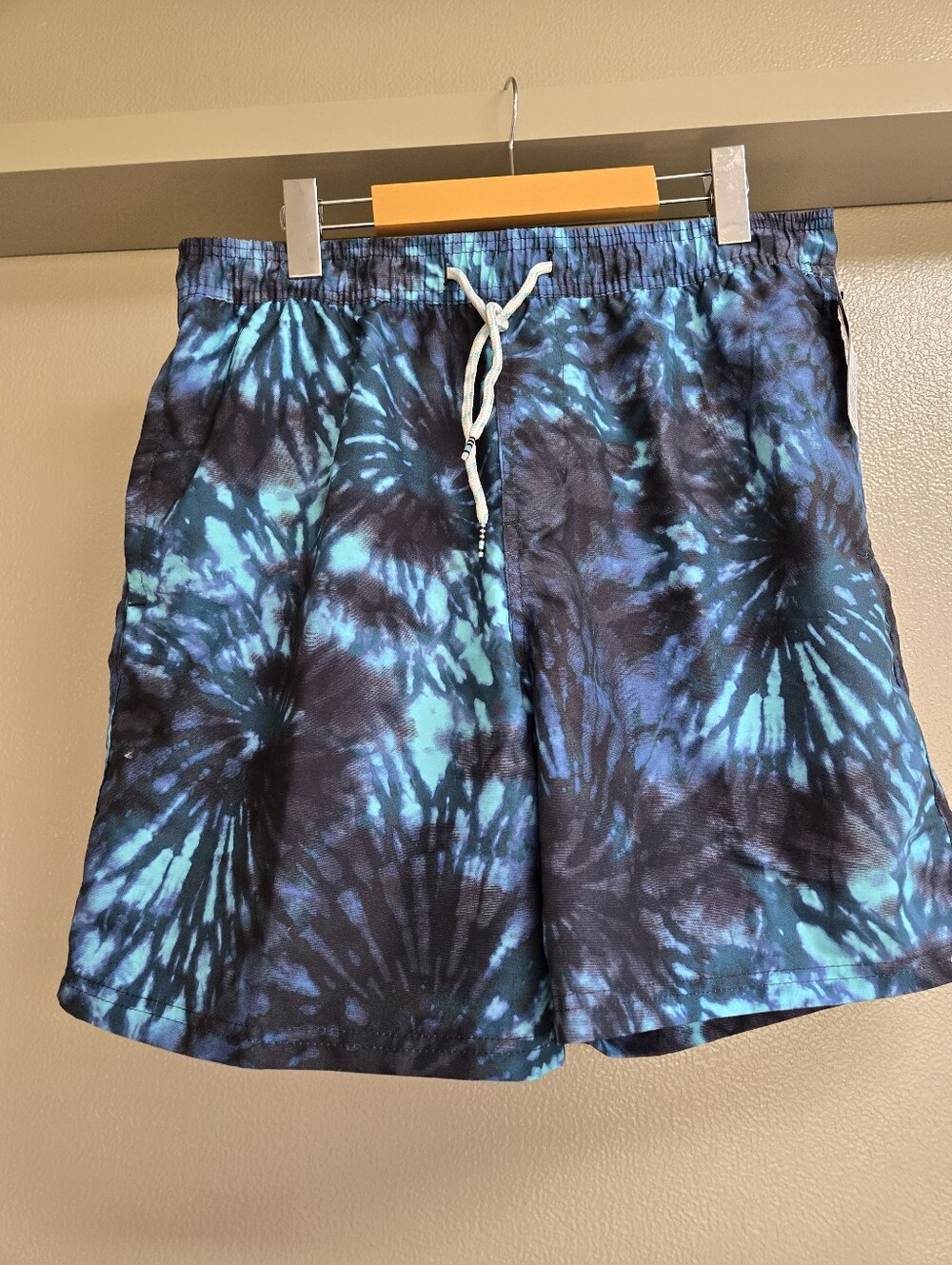 Men's Teal Blue and Black Tie-Dye Swim Trunks US Size M